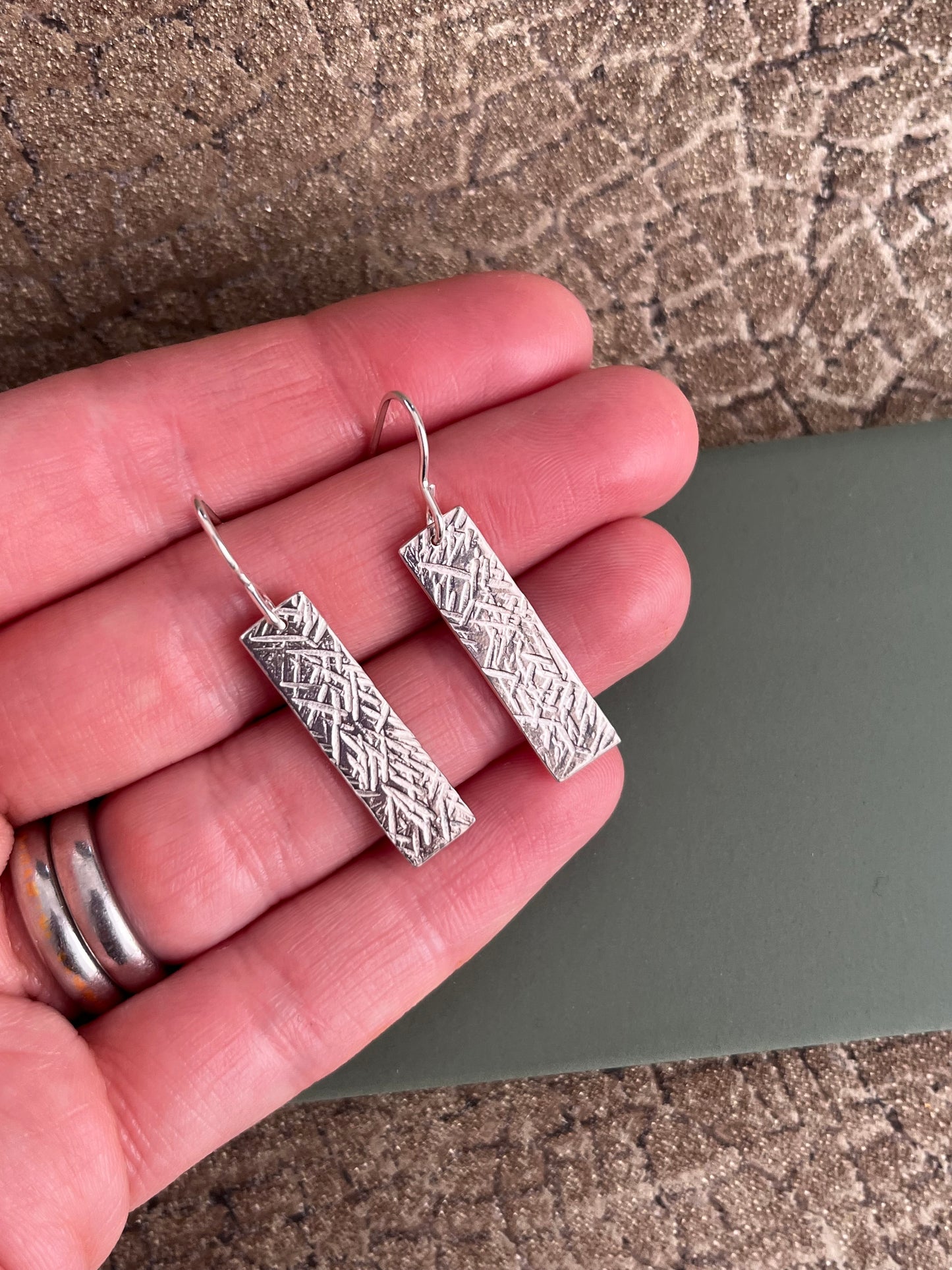 Rectangle hammered textured sterling silver 25mm x 7mm drop earrings