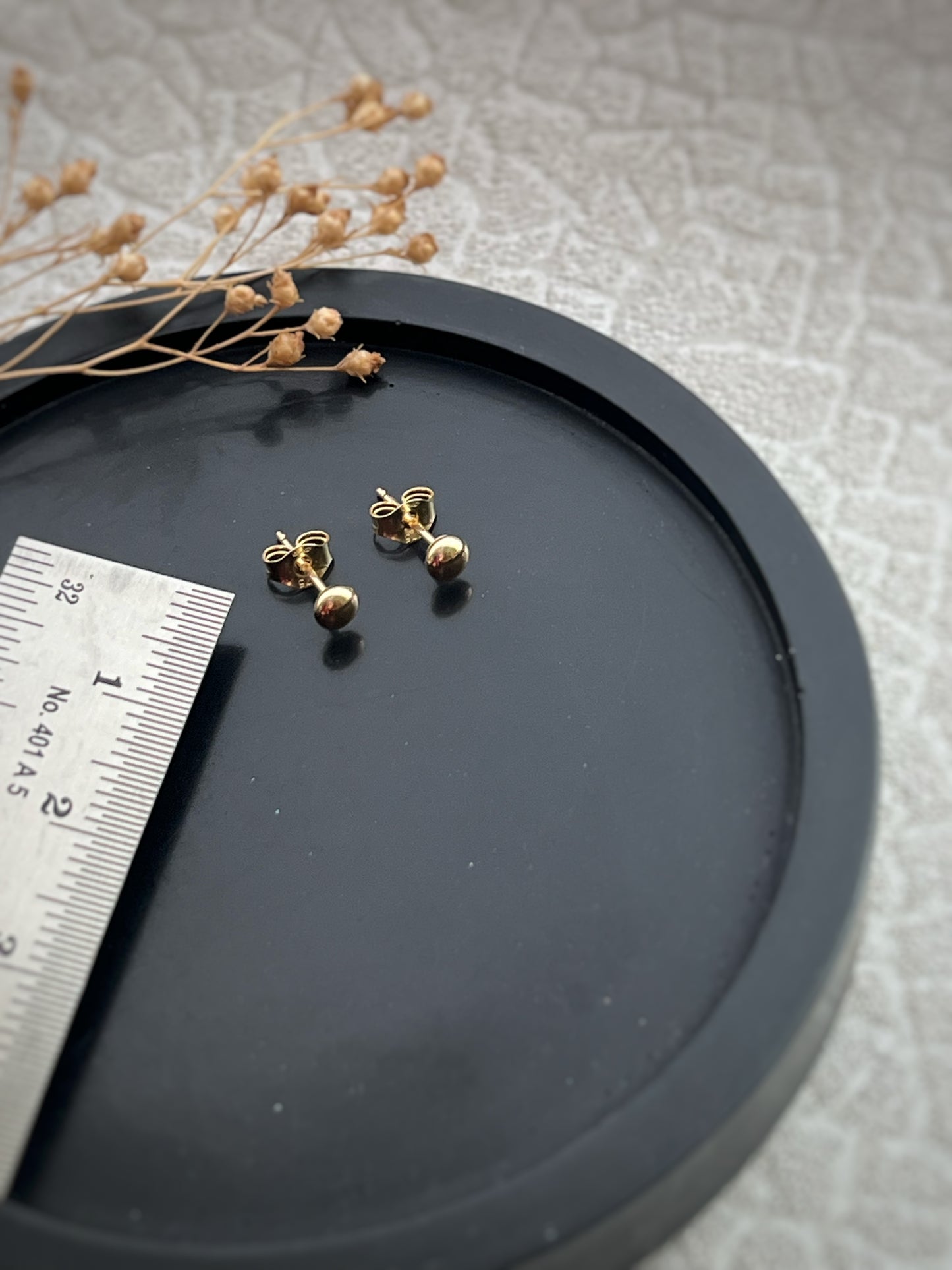 Teeny tiny, 9ct yellow gold round beach pebble stud earrings- 3mm