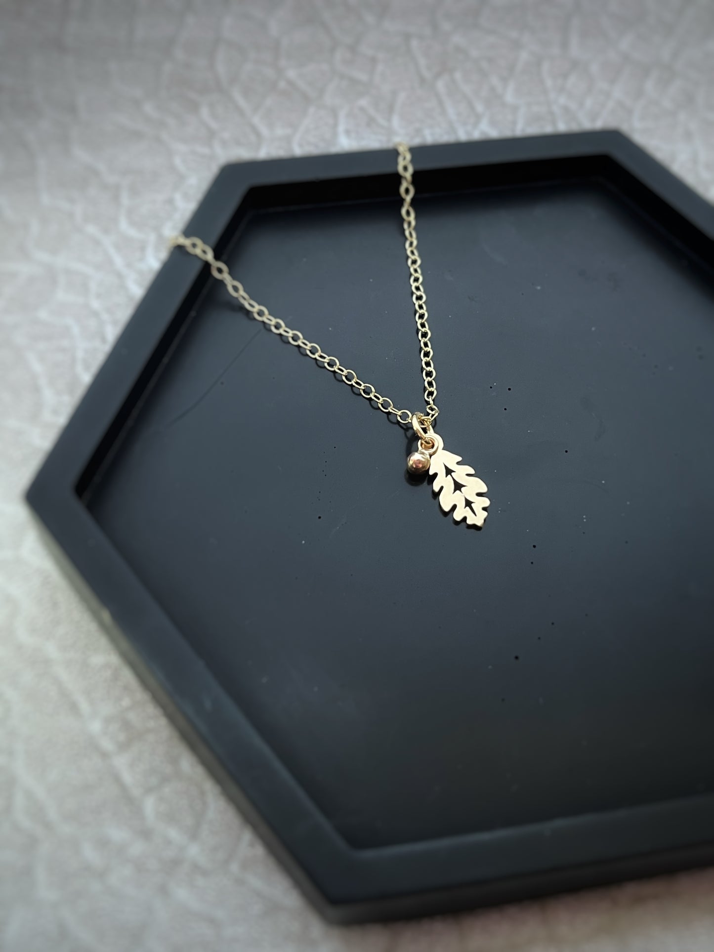 Solid 9ct gold mighty oak leaf & little acorn pendant, a handmade woodland inspired necklace