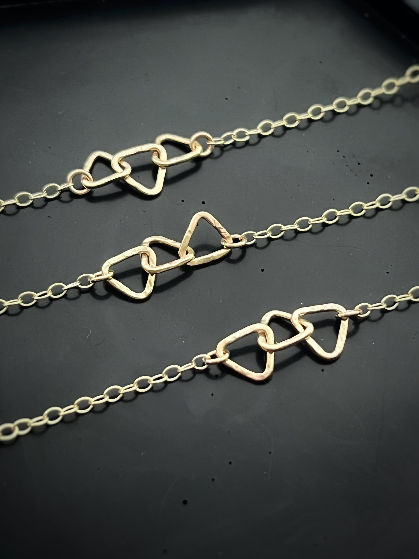 Solid 9ct gold triple 3 triangle handmade hammered textured interlocking circle necklace