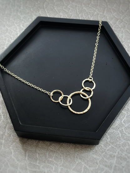 Solid 9ct gold 5 interlocking circle hoop heavy chain, a handmade hammered tree bark textured necklace