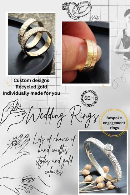 Solid 9ct yellow gold 2mm coastal beach sand delicate recycled gold flat band ring