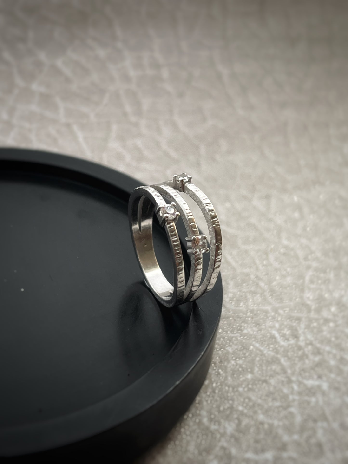 Solid White 9ct Recycled Gold & Natural Diamond Triple Band Ring Handmade, Bark Textured, Nature-Inspired Statement Ring