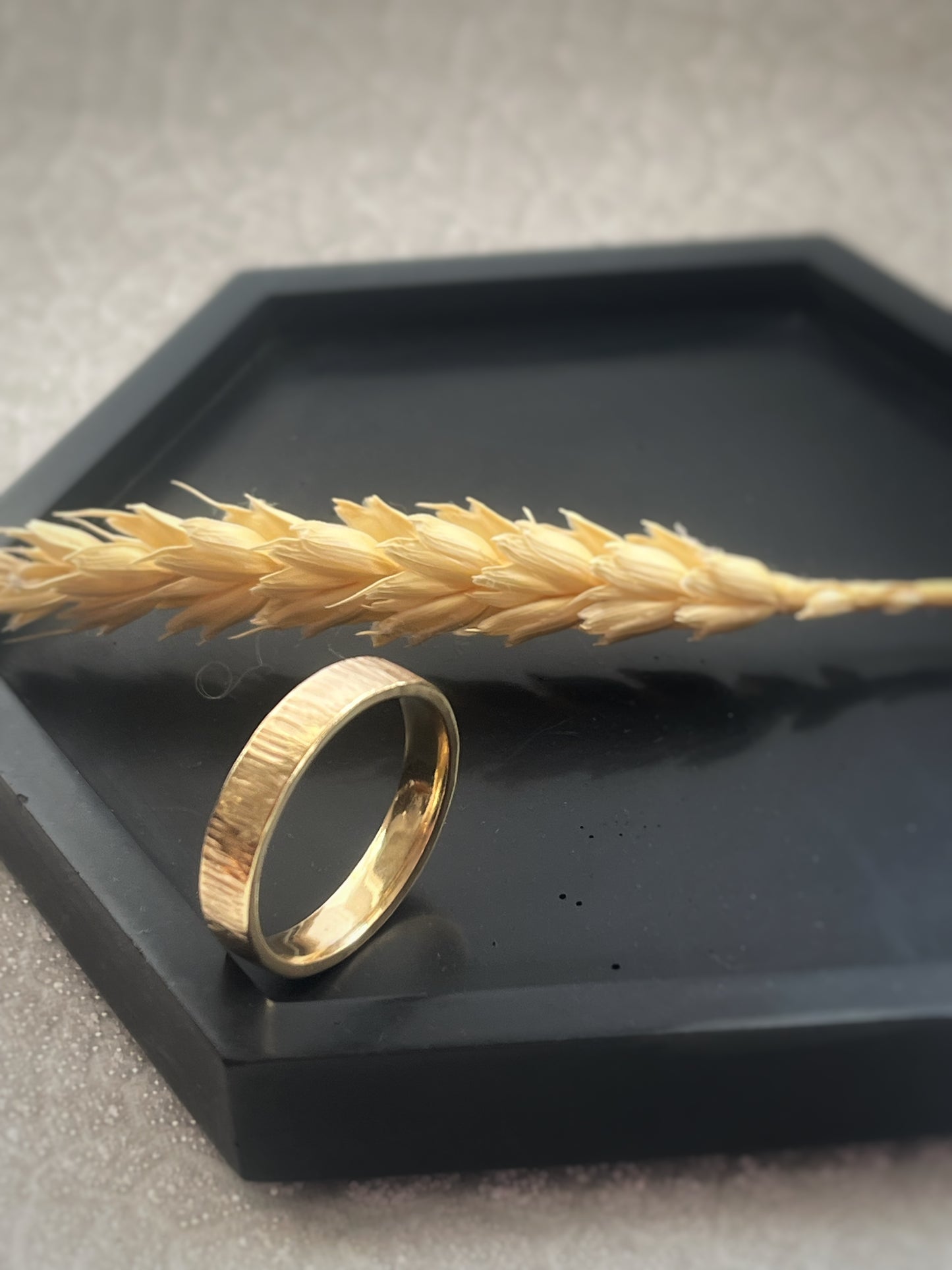 Solid 9ct recycled yellow gold 4mm flat outside, domed inside, hammered tree bark pattern unisex/ men’s band ring