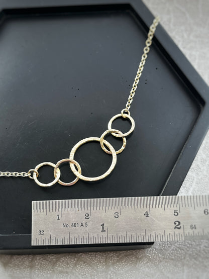 Solid 9ct gold 5 interlocking circle hoop heavy chain, a handmade hammered tree bark textured necklace