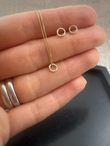 Solid 9ct yellow gold tiny 5mm hammered hoop pendant, recycled small simple tree bark stacking hoop