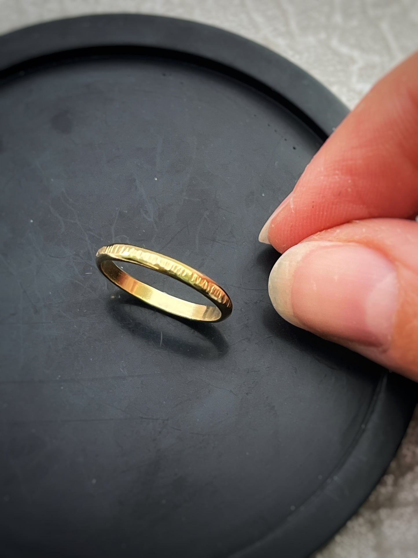 Solid 18ct yellow gold D section 2mm hammered tree bark textured hammered modern delicate recycled gold flat band ring