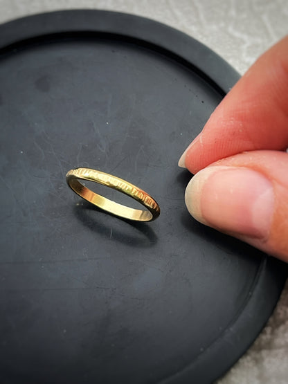 Solid 18ct yellow gold D section 2mm hammered tree bark textured hammered modern delicate recycled gold flat band ring