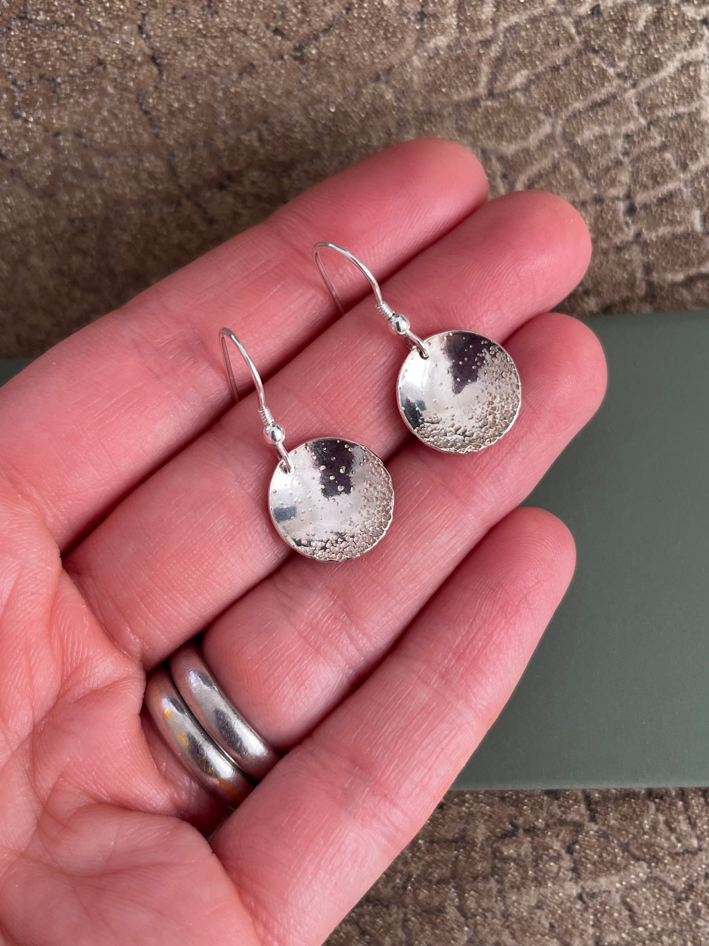 Domed dimpled sand coast inspired sterling silver 14mm drop earrings