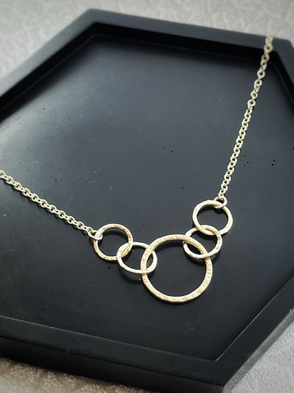 Solid 9ct gold 5 interlocking circle hoop heavy chain, a handmade hammered tree bark textured necklace