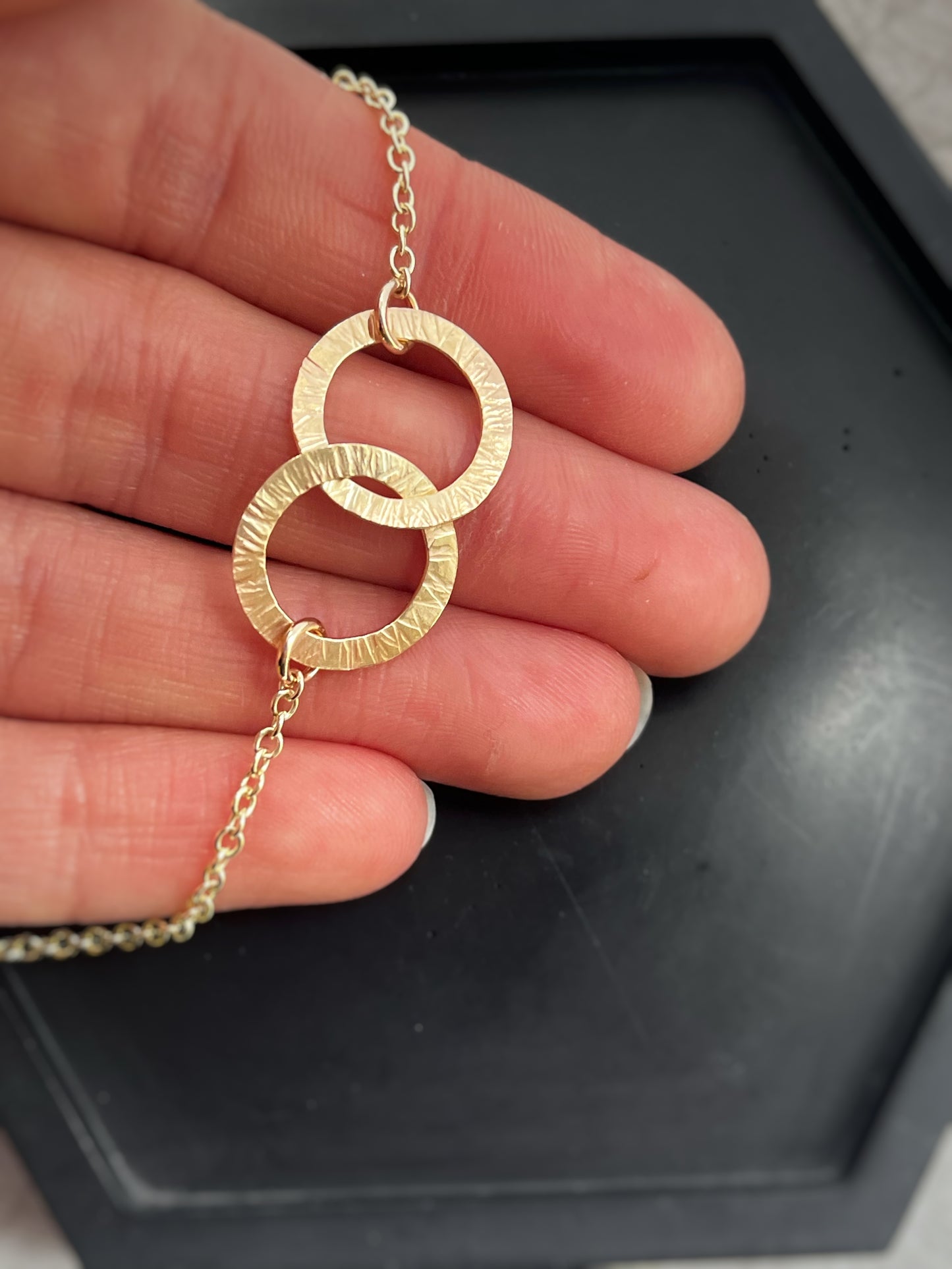 Solid 9ct gold large double interlocking circle hoop chunky chain, a handmade hammered textured necklace
