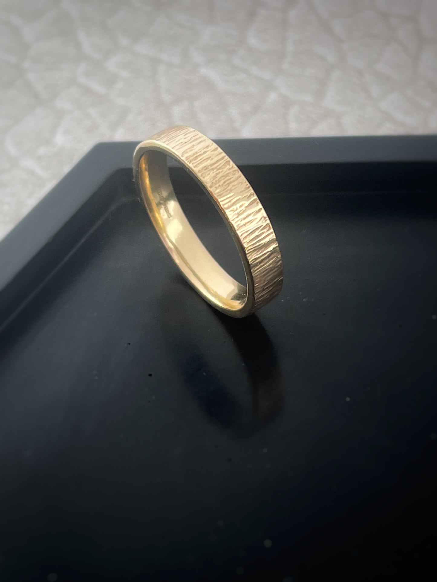 Solid 9ct recycled yellow gold 4mm flat outside, domed inside, hammered tree bark pattern unisex/ men’s band ring