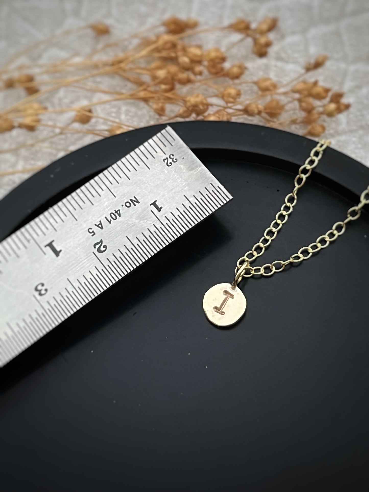 Solid 9ct gold wobbly disc typewriter font letter pendant, recycled personalised initial handmade necklace