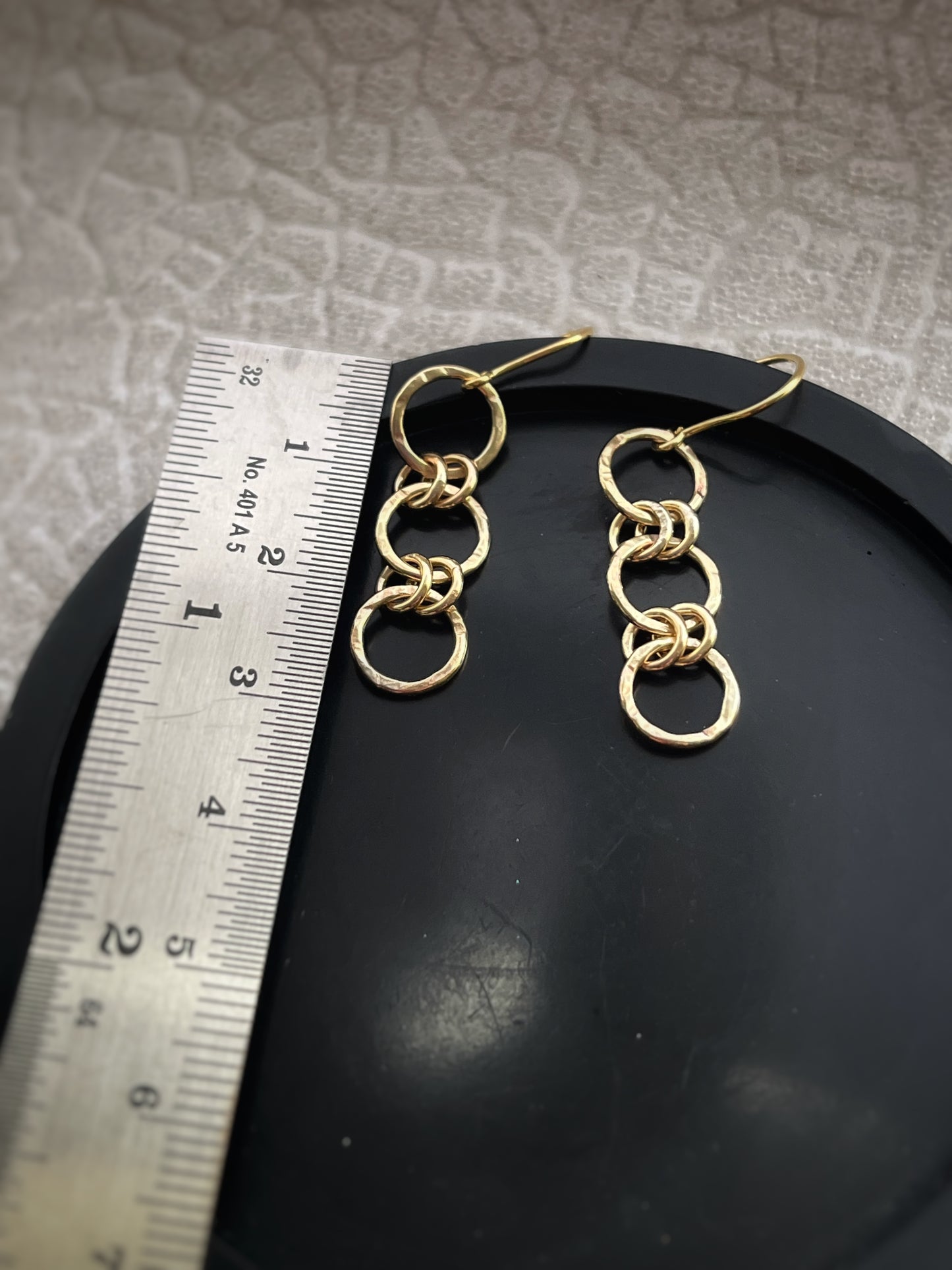 Solid 9ct yellow gold round hammered tree bark texture chain mail statement dangly earrings, 28mm length, 38mm drop length