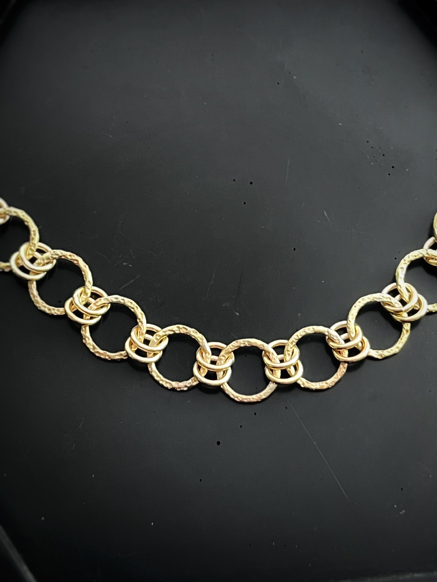 Solid 9ct gold hammered dimple sand coastal beach interlocking double yellow gold hoop bracelet