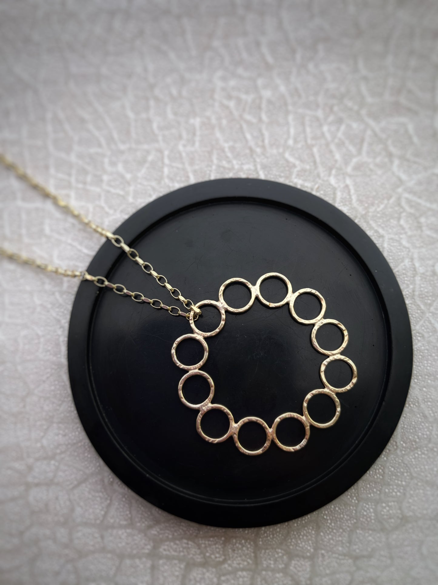 Solid 9ct gold 12 hoop statement circle pendant, a handmade hammered textured necklace