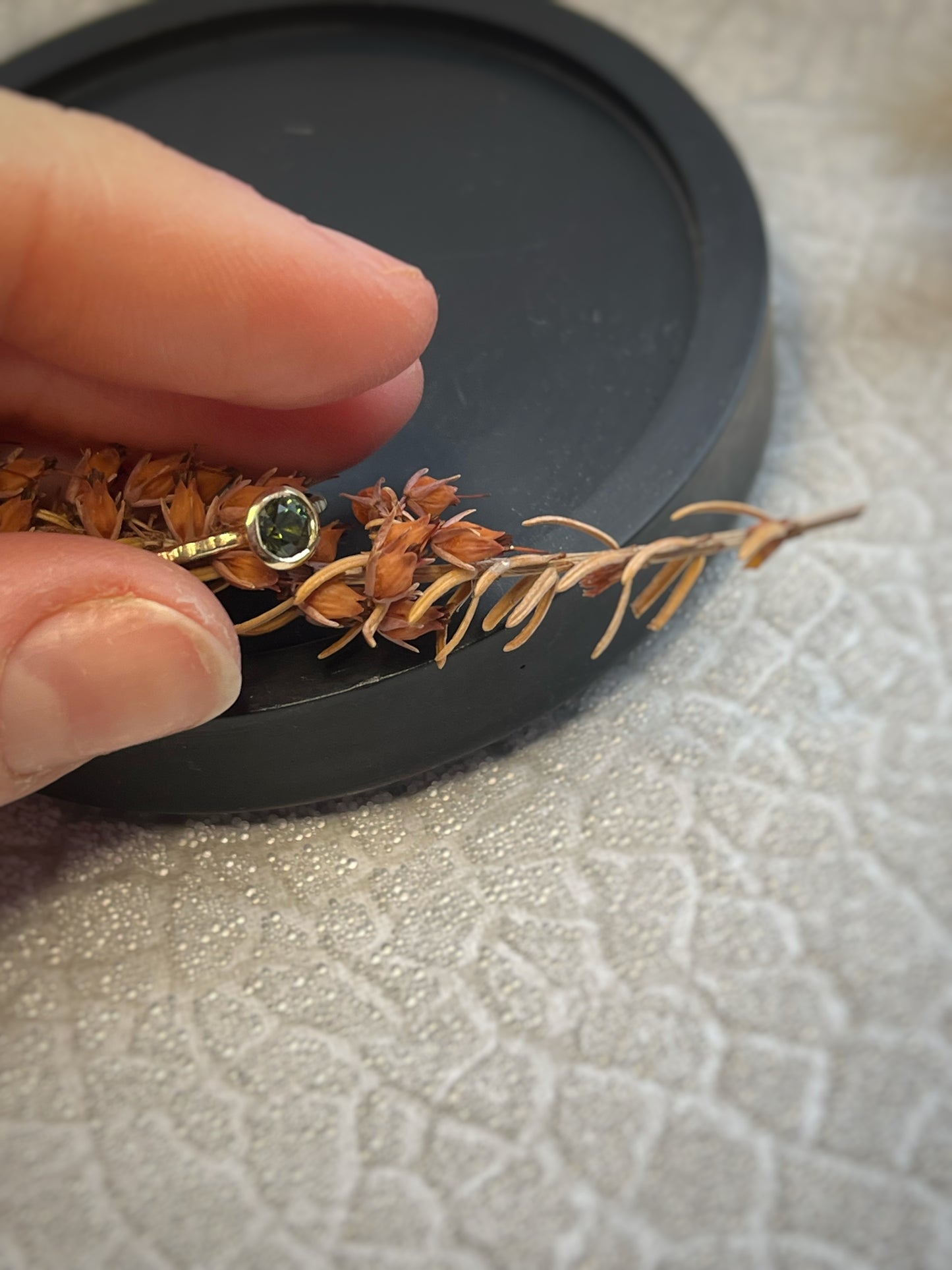 Solid recycled gold 9ct yellow hammered dainty delicate tree bark dark green sapphire ring