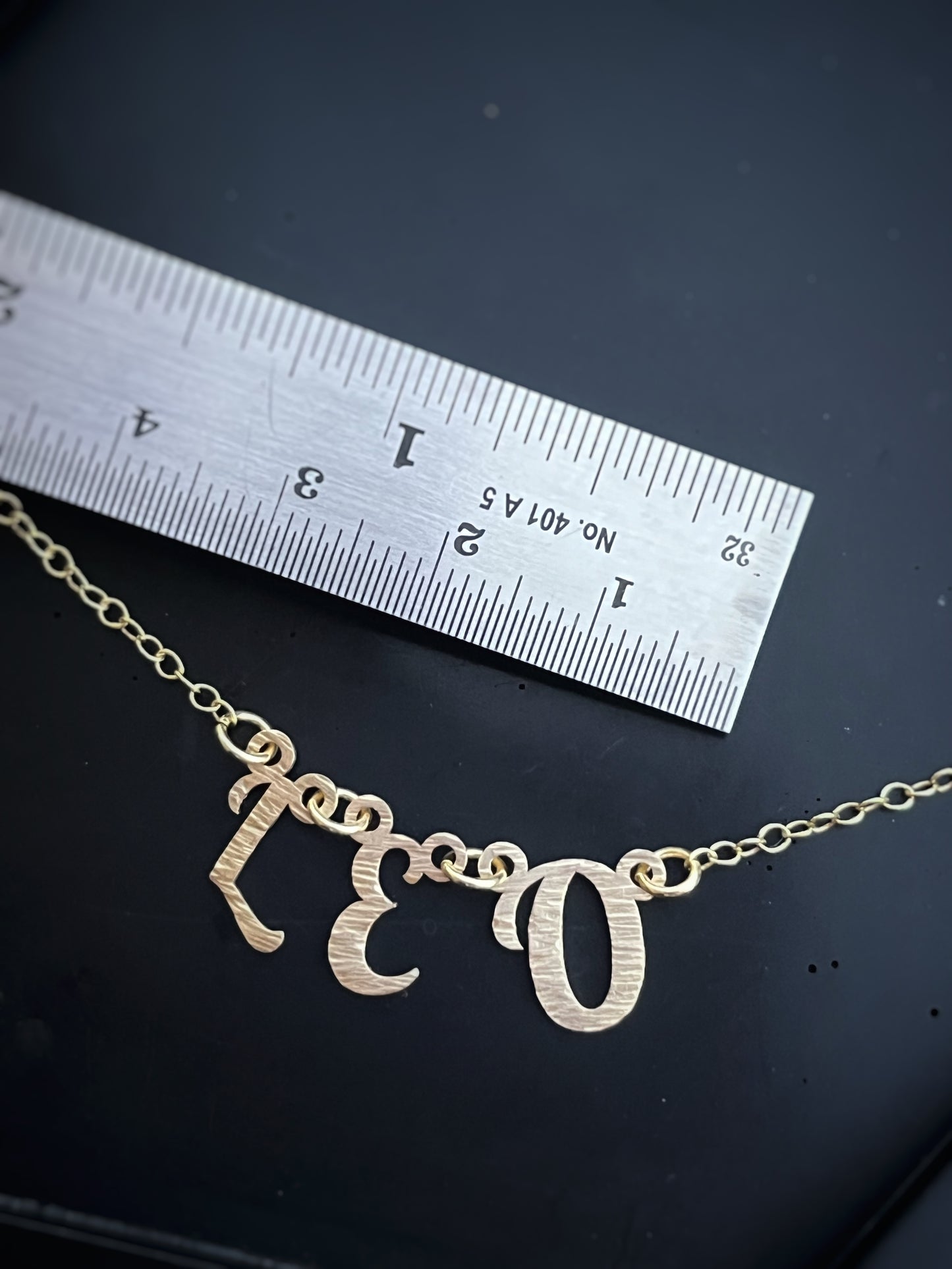 Solid 9ct gold tree bark textured hammered name necklace, initial letters on a chain