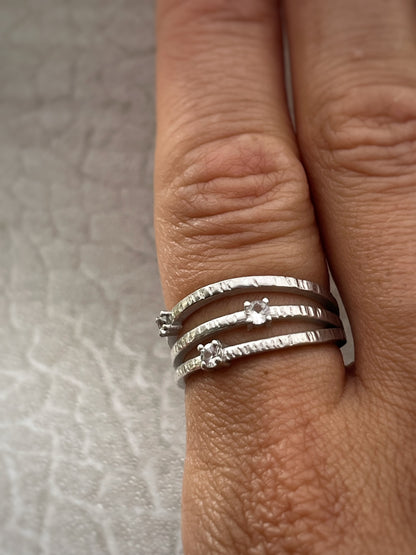 Solid White 9ct Recycled Gold & Natural Diamond Triple Band Ring Handmade, Bark Textured, Nature-Inspired Statement Ring