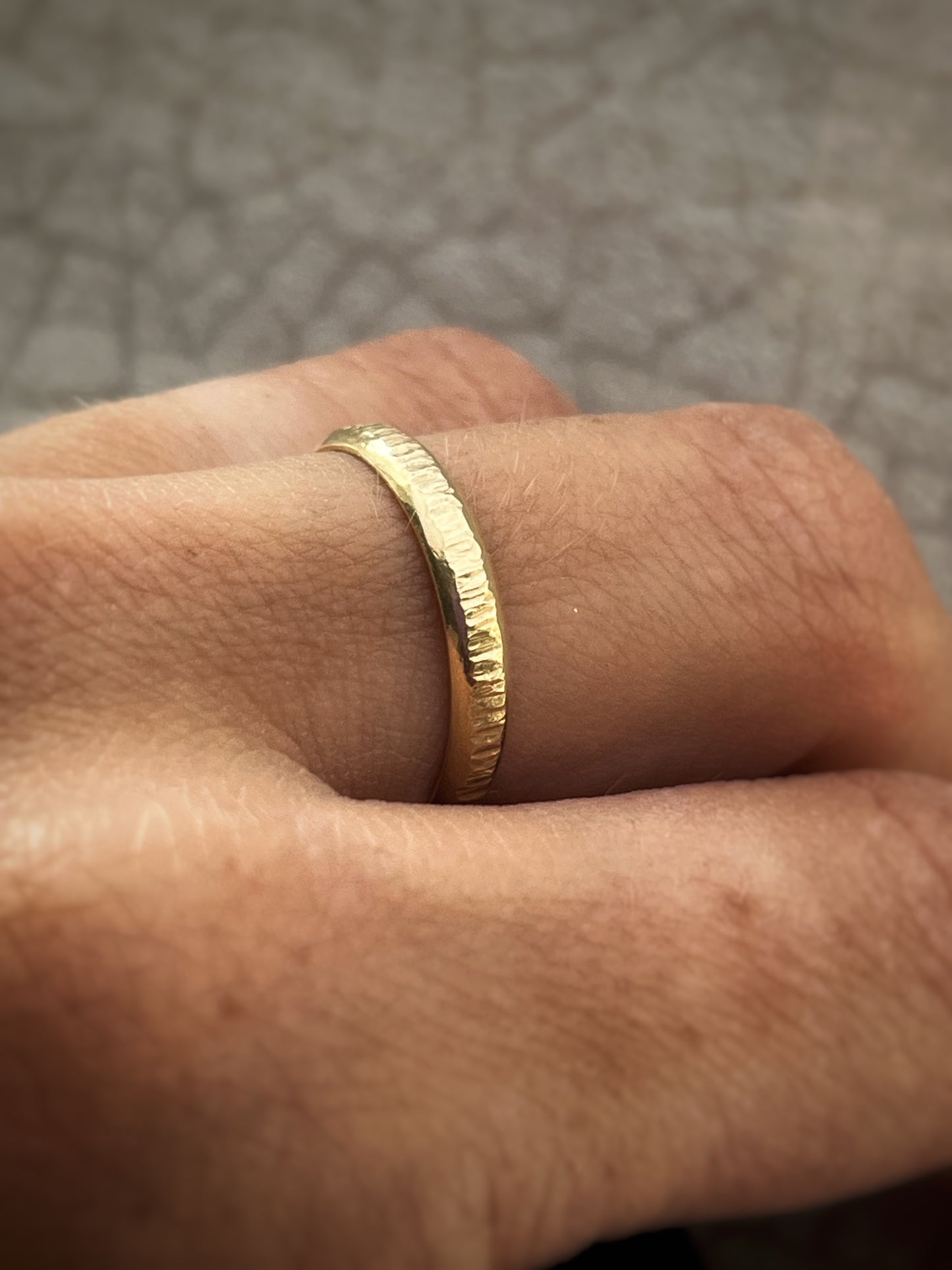 Solid 9ct yellow gold D shape 3mm tree bark textured hammered delicate recycled gold flat band ring