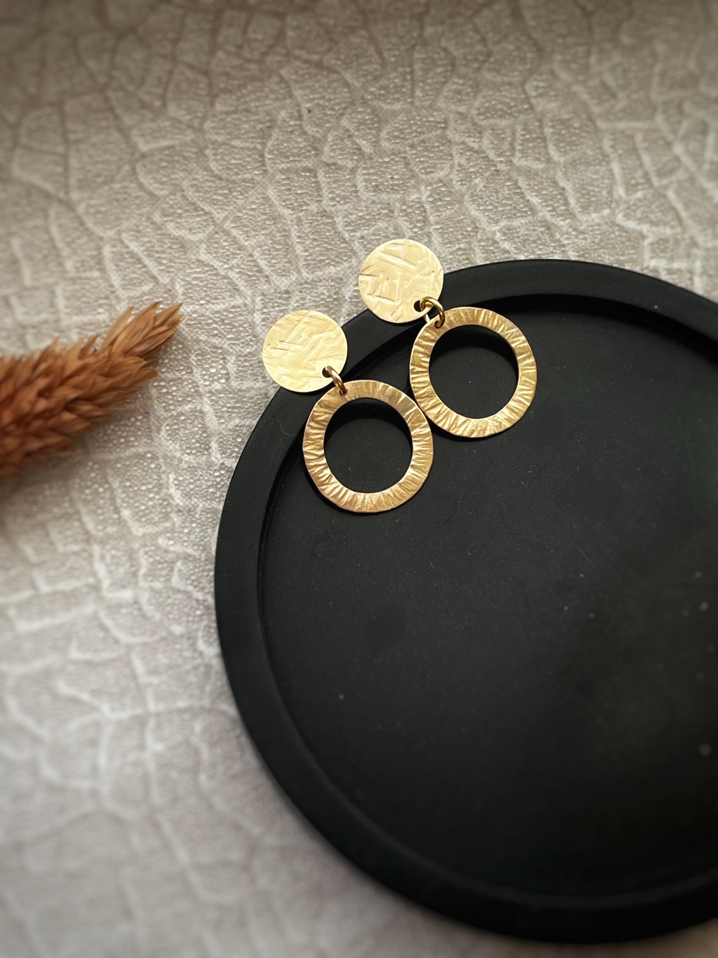 Solid 9ct yellow gold circle stud & drop earrings- hammered bark texture