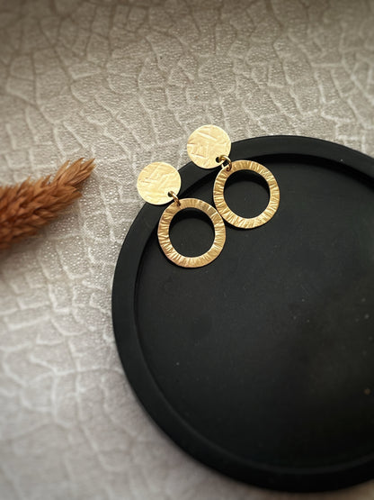 Solid 9ct yellow gold circle stud & drop earrings- hammered bark texture