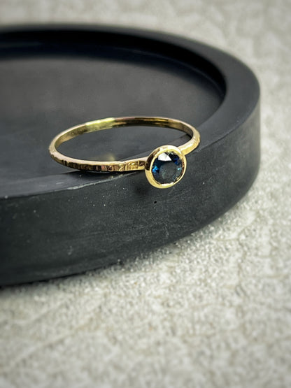Solid recycled gold 9ct yellow hammered dainty delicate tree bark blue Tourmaline ring