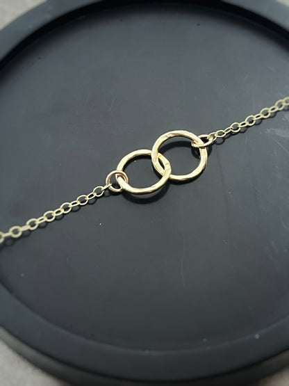 Solid 9ct gold , handmade hammered textured interlocking circle necklace