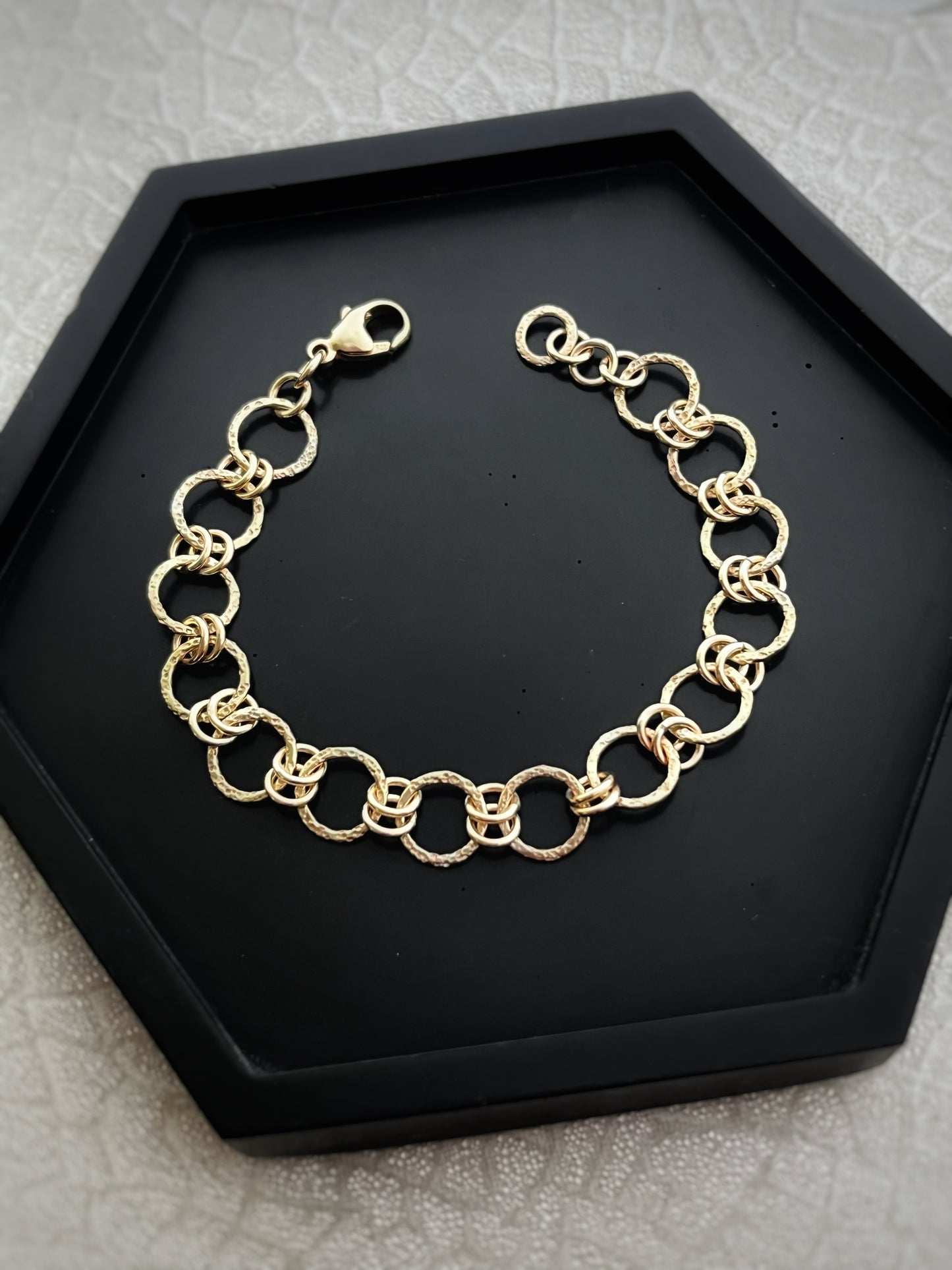 Solid 9ct gold hammered dimple sand coastal beach interlocking double yellow gold hoop bracelet
