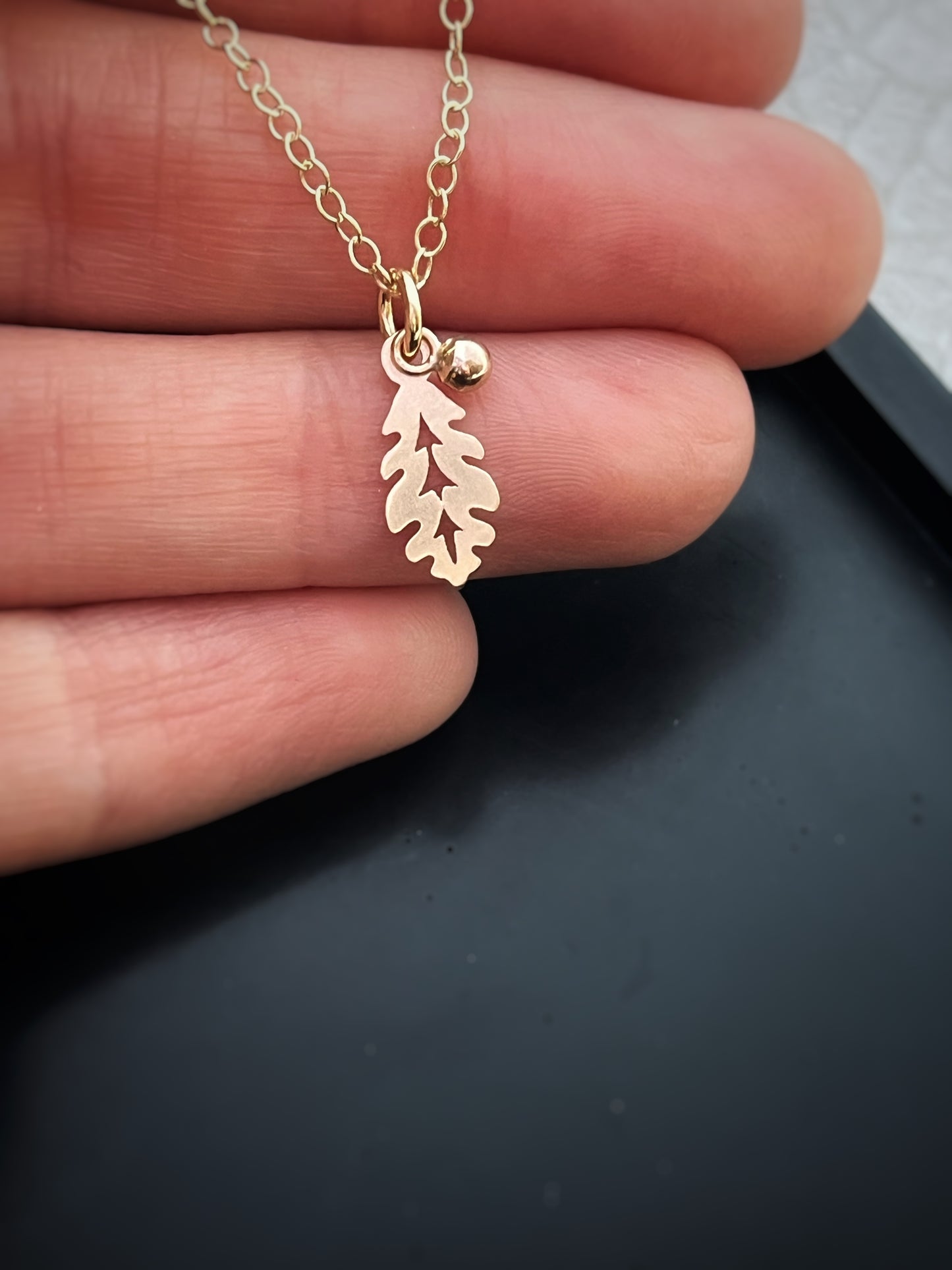 Solid 9ct gold mighty oak leaf & little acorn pendant, a handmade woodland inspired necklace