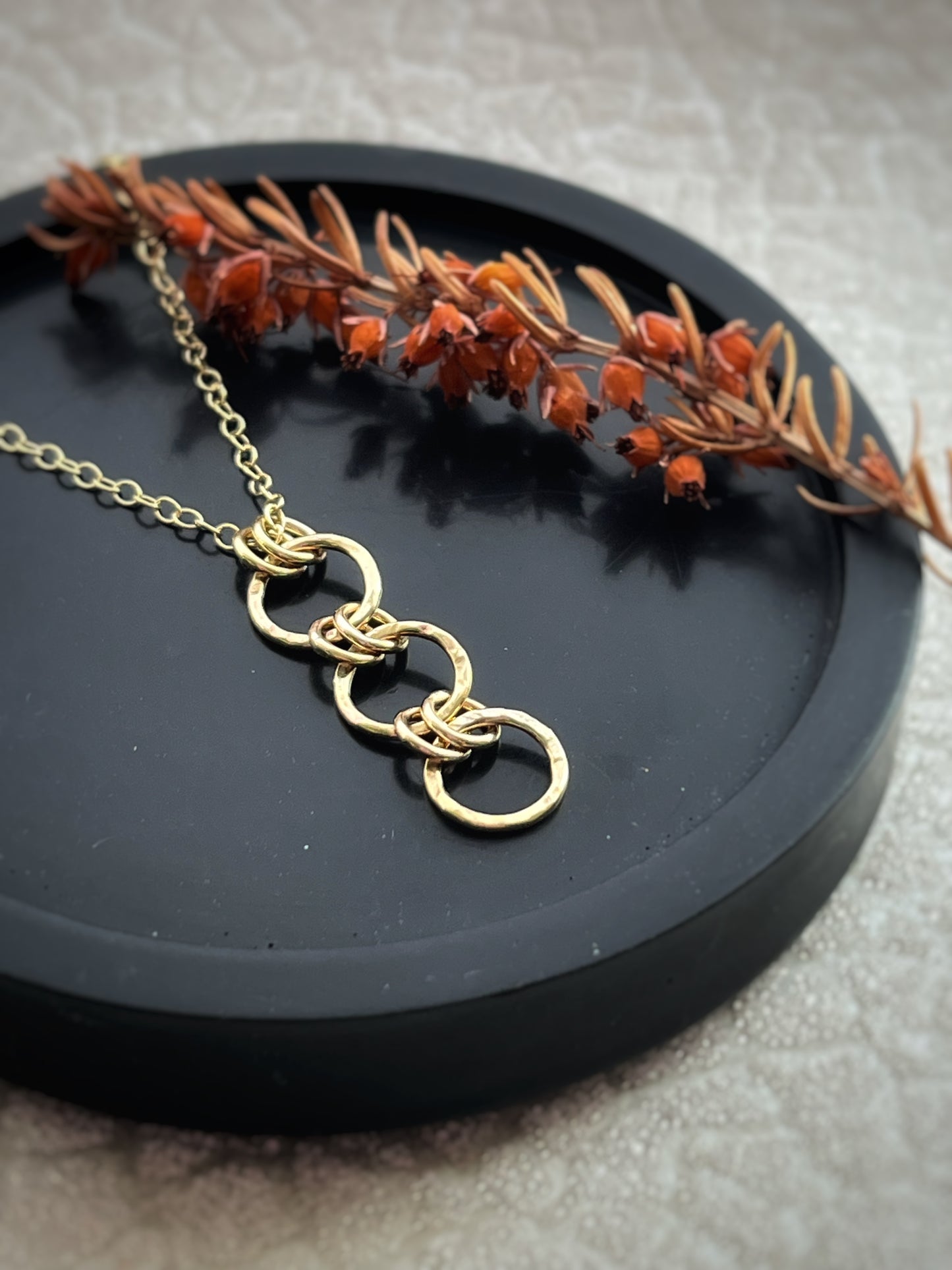 Solid 9ct gold chainmail ring hoop pendant, a handmade hammered tree bark texture pendant, 30mm length