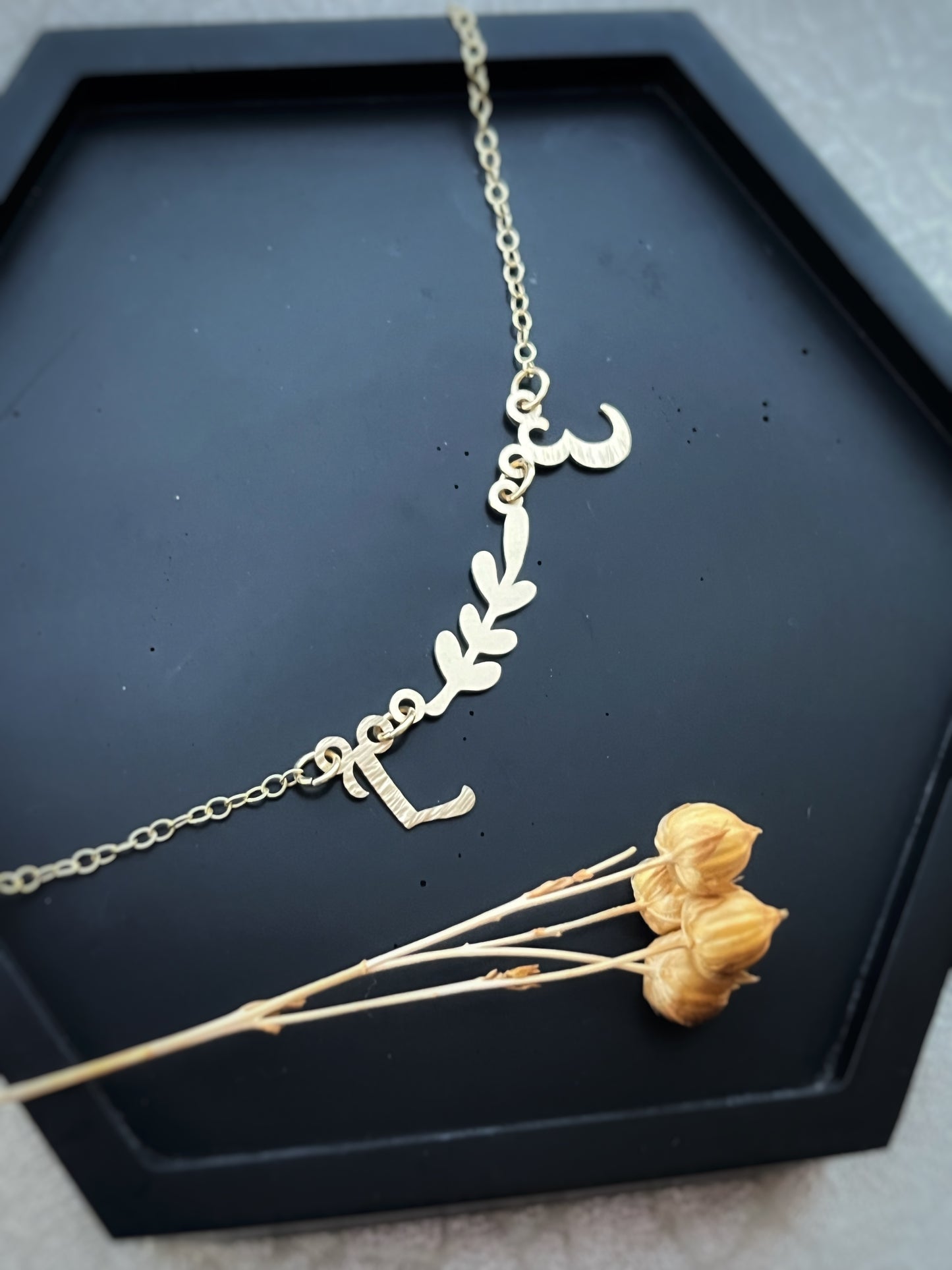 Solid 9ct gold double initial letter leaf branch necklace, a handmade hammered & textured recycled gold necklace