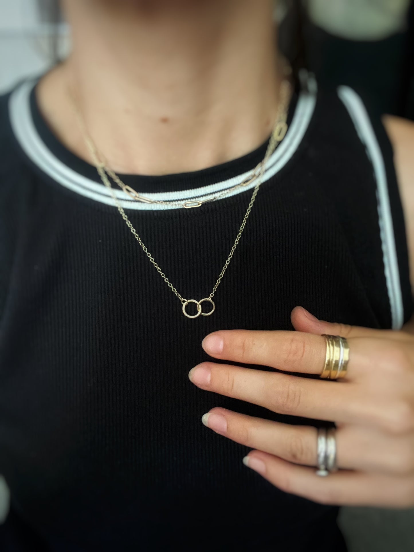 Solid 9ct gold , handmade hammered textured interlocking circle necklace