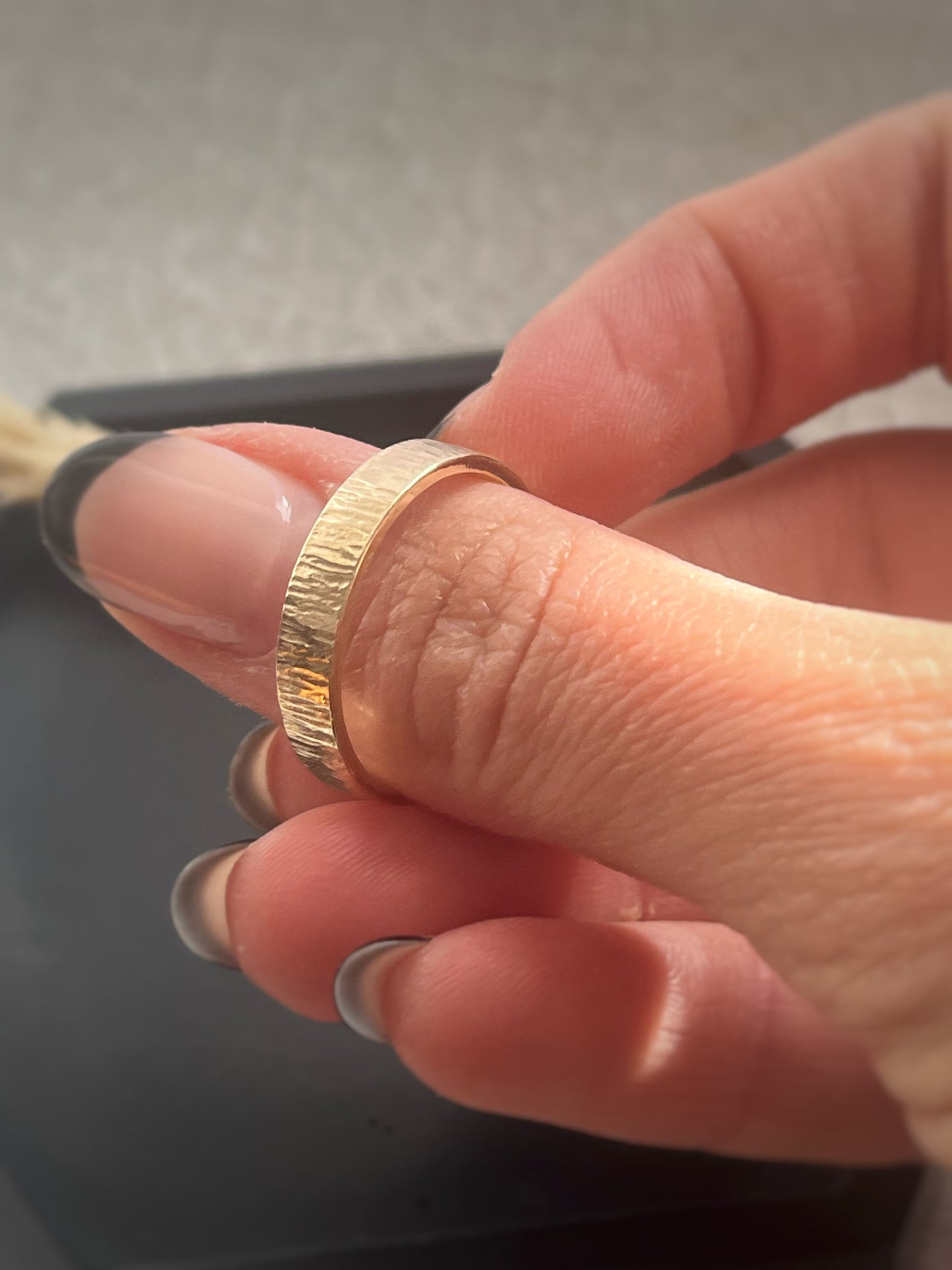 Solid 9ct recycled yellow gold 4mm flat outside, domed inside, hammered tree bark pattern unisex/ men’s band ring