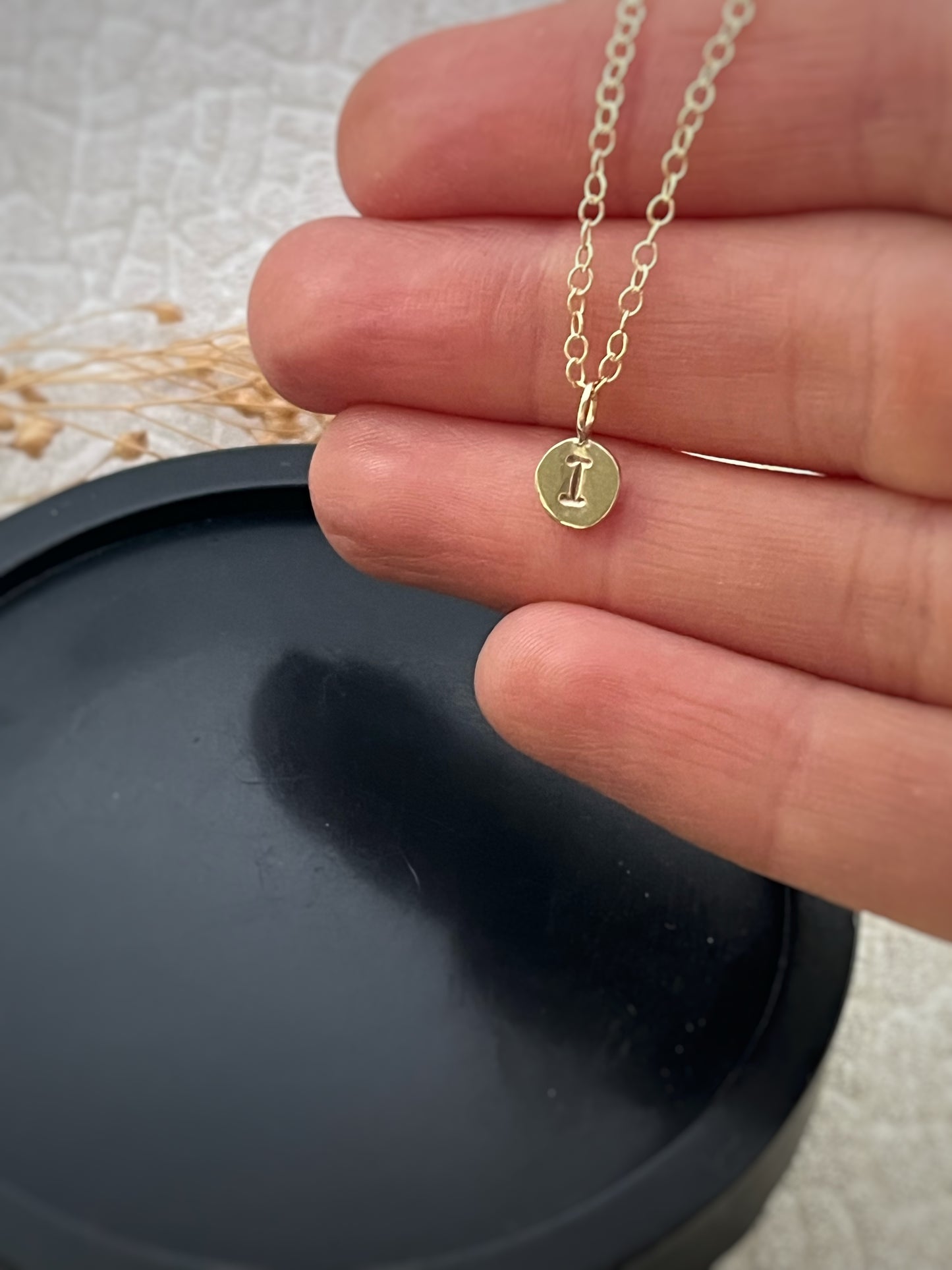 Solid 9ct gold wobbly disc typewriter font letter pendant, recycled personalised initial handmade necklace