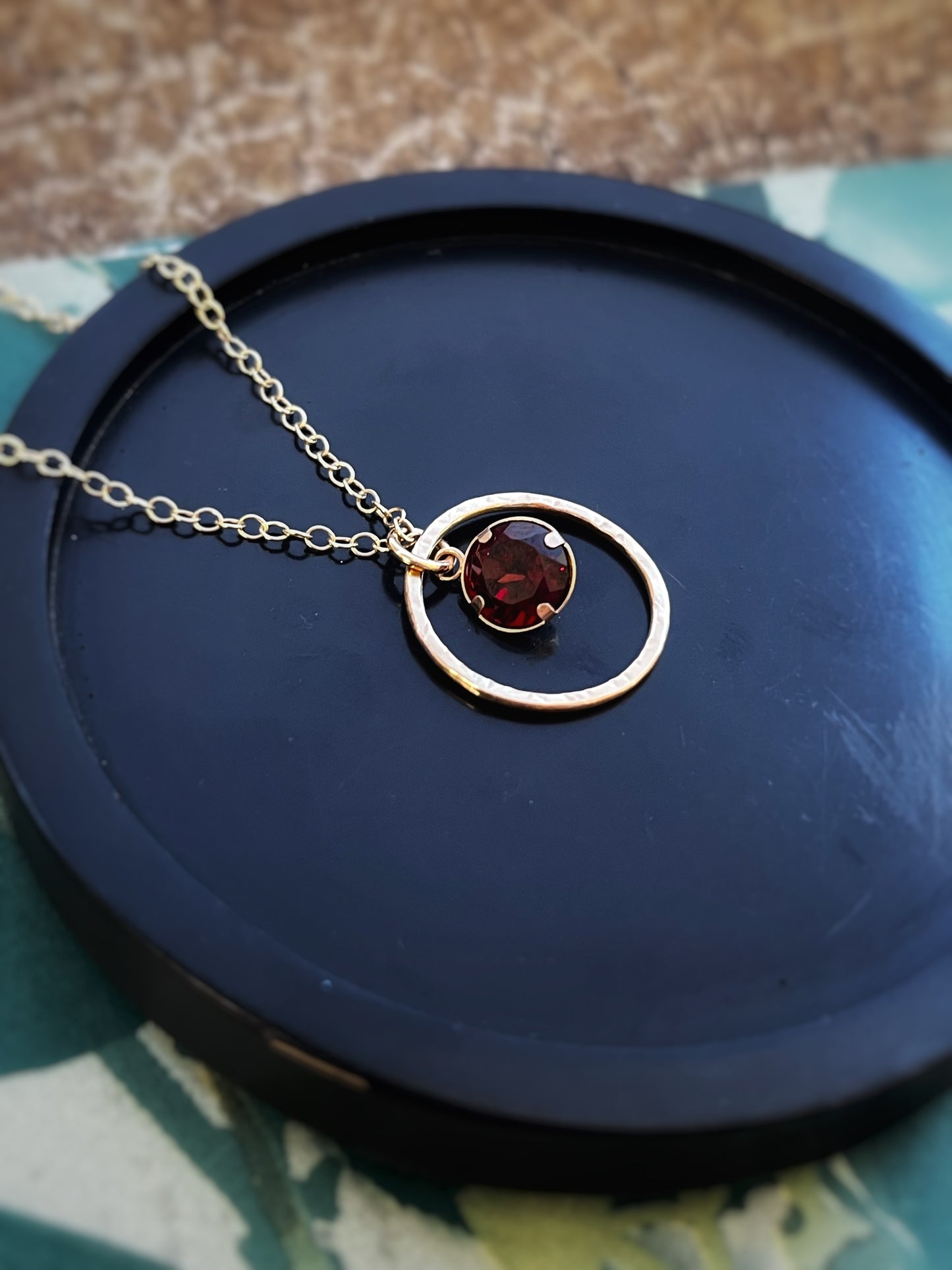 Solid 9ct yellow gold 8mm Garnet hoop pendant necklace 18 inches