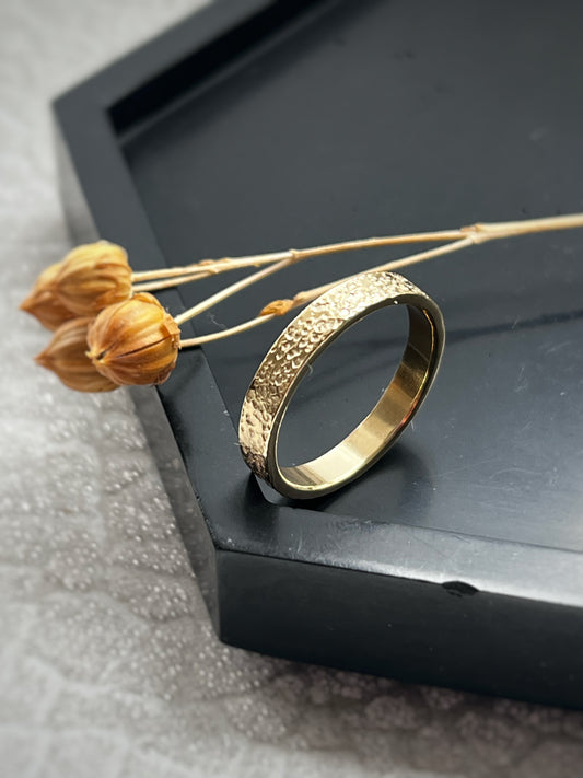 Solid 9ct yellow gold 3mm coastal beach sand delicate recycled gold flat band ring
