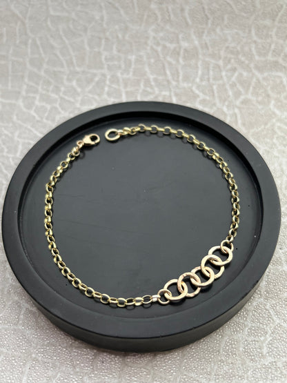 Solid 9ct gold heavy 2.3 belcher chain hammered 5 interlocking yellow gold hoop bracelet