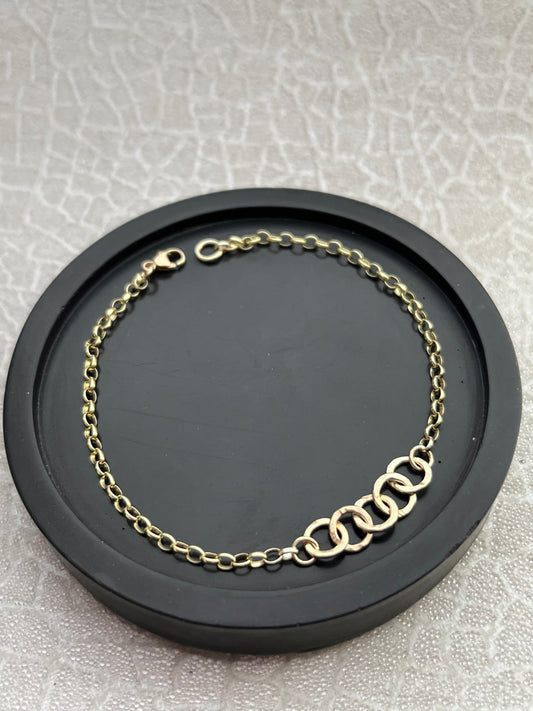 Solid 9ct gold heavy 2.3 belcher chain hammered 5 interlocking yellow gold hoop bracelet