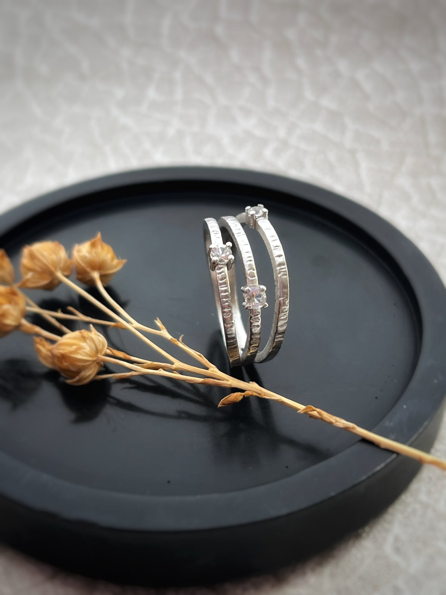 Solid White 9ct Recycled Gold & Natural Diamond Triple Band Ring Handmade, Bark Textured, Nature-Inspired Statement Ring