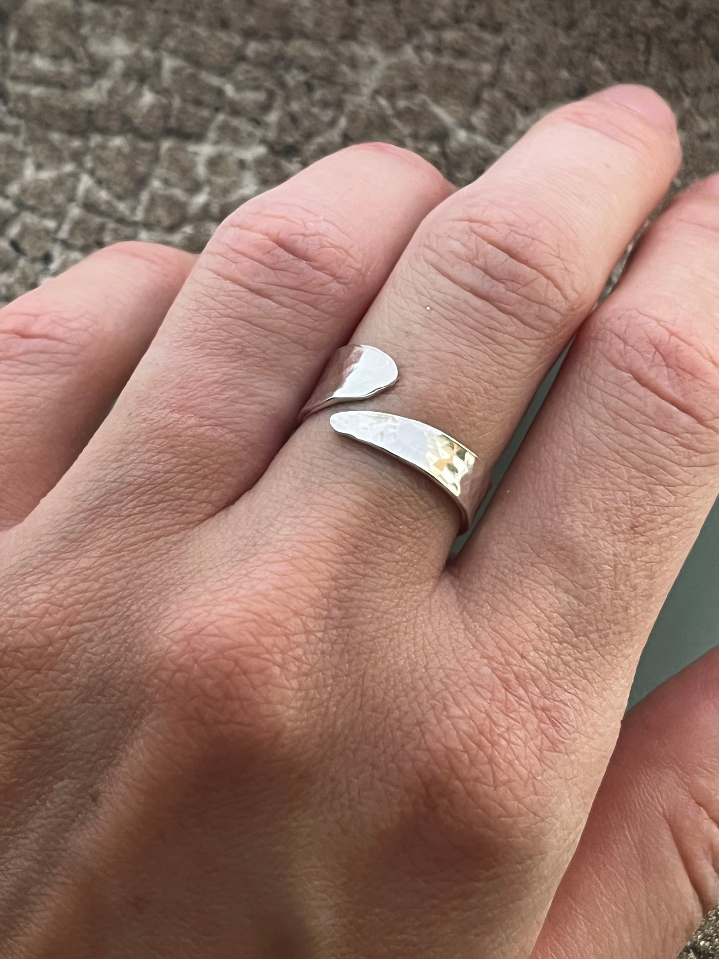 Hammered sterling silver cross over ring, adjustable size O