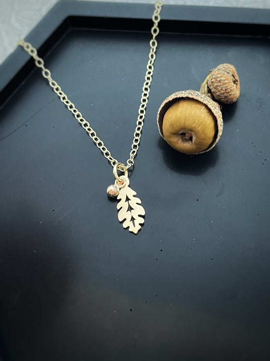 Solid 9ct gold mighty oak leaf & little acorn pendant, a handmade woodland inspired necklace