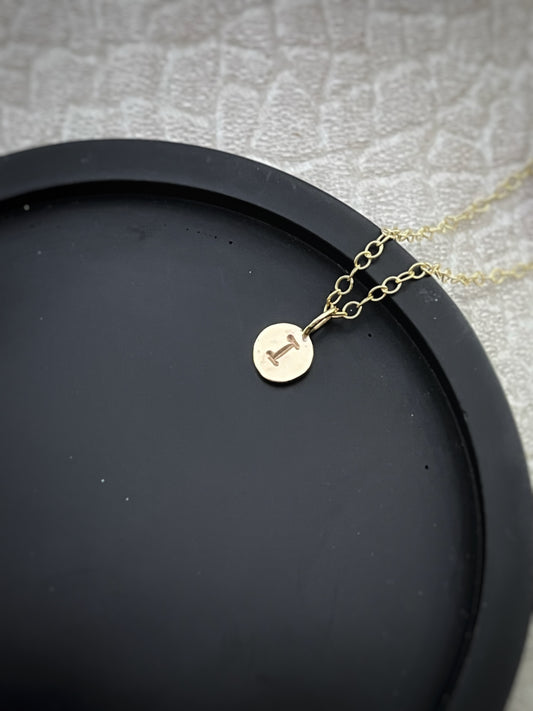 Solid 9ct gold wobbly disc typewriter font letter pendant, recycled personalised initial handmade necklace