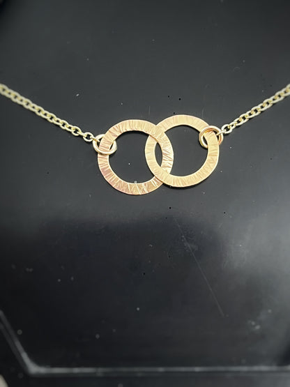 Solid 9ct gold large double interlocking circle hoop chunky chain, a handmade hammered textured necklace