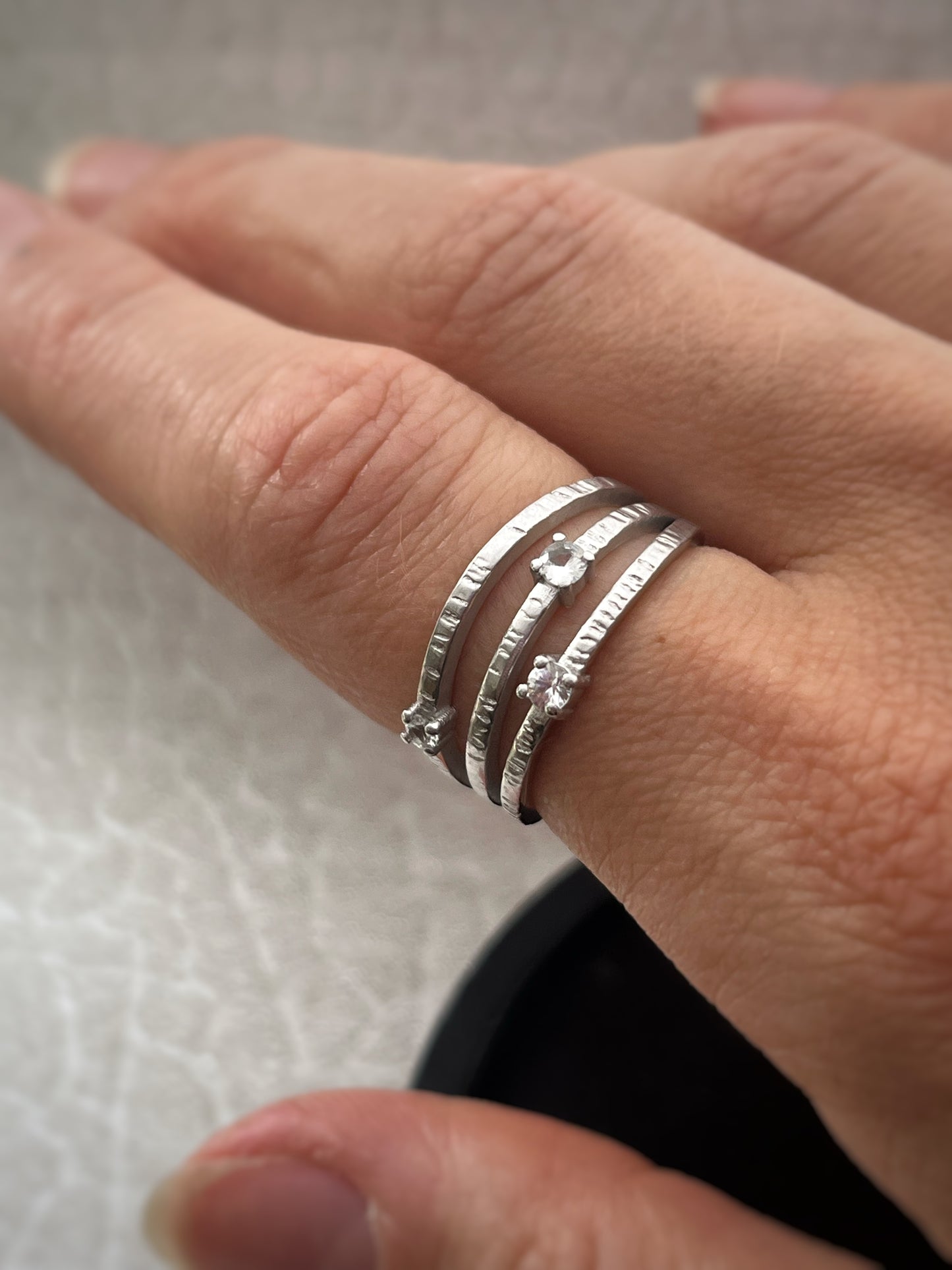 Solid White 9ct Recycled Gold & Natural Diamond Triple Band Ring Handmade, Bark Textured, Nature-Inspired Statement Ring
