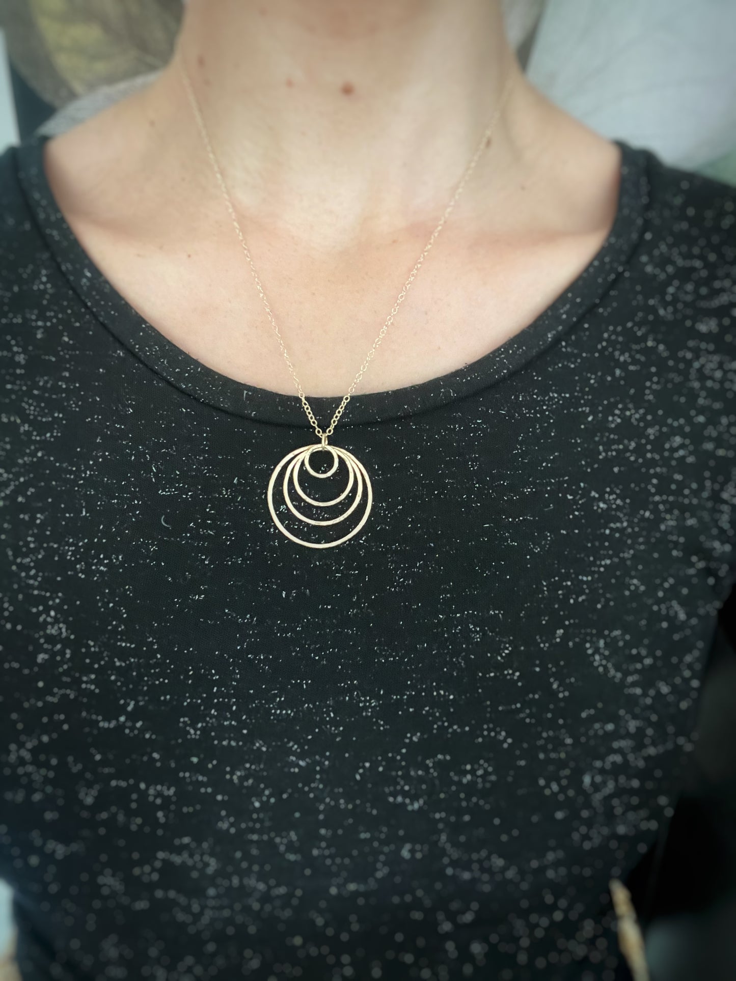 Solid 9ct gold statement interlocking 4 circle pendant, a handmade hammered textured necklace