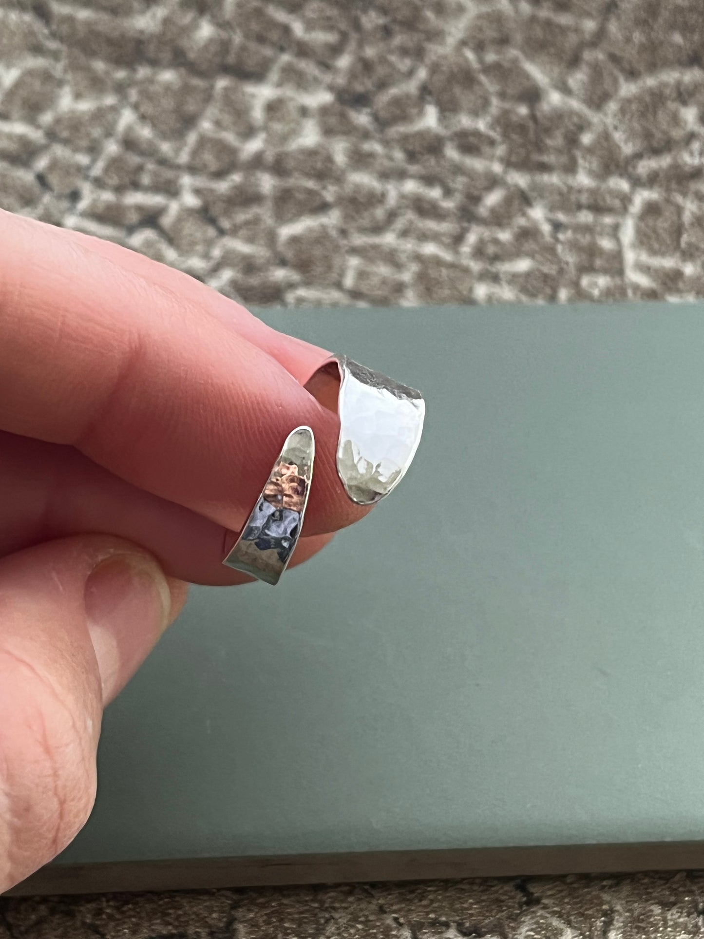 Hammered sterling silver cross over ring, adjustable size O