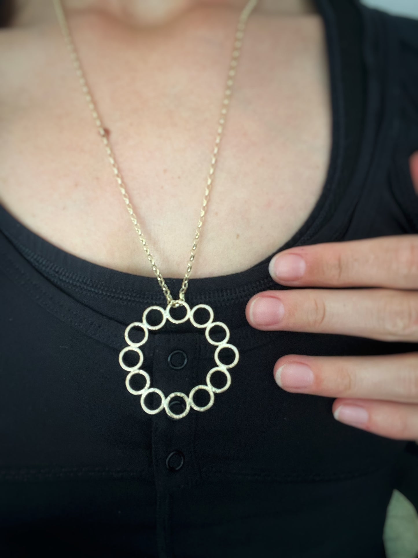 Solid 9ct gold 12 hoop statement circle pendant, a handmade hammered textured necklace