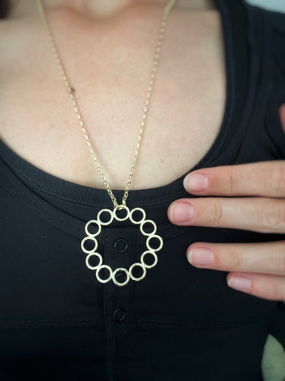 Solid 9ct gold 12 hoop statement circle pendant, a handmade hammered textured necklace