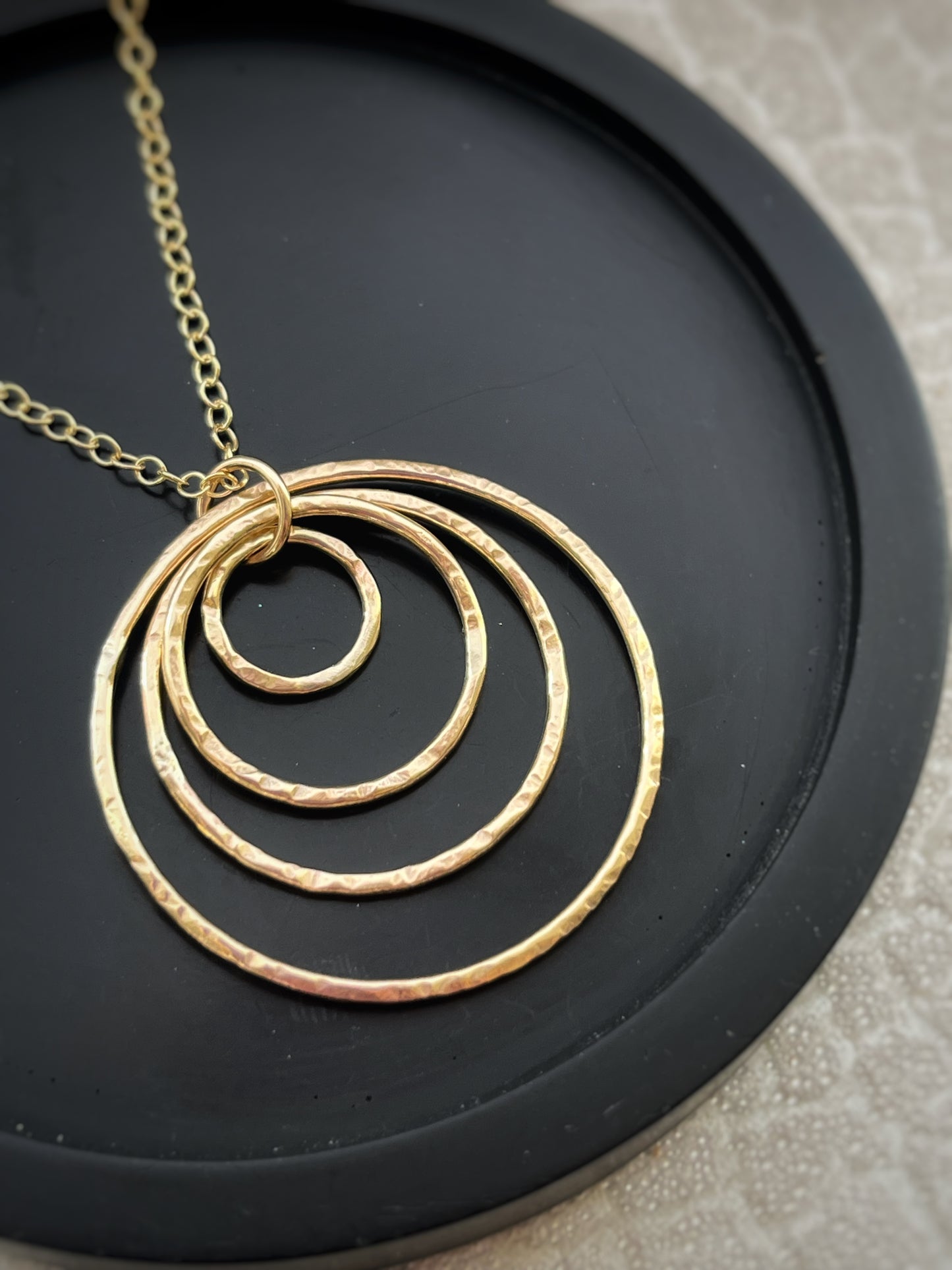 Solid 9ct gold statement interlocking 4 circle pendant, a handmade hammered textured necklace